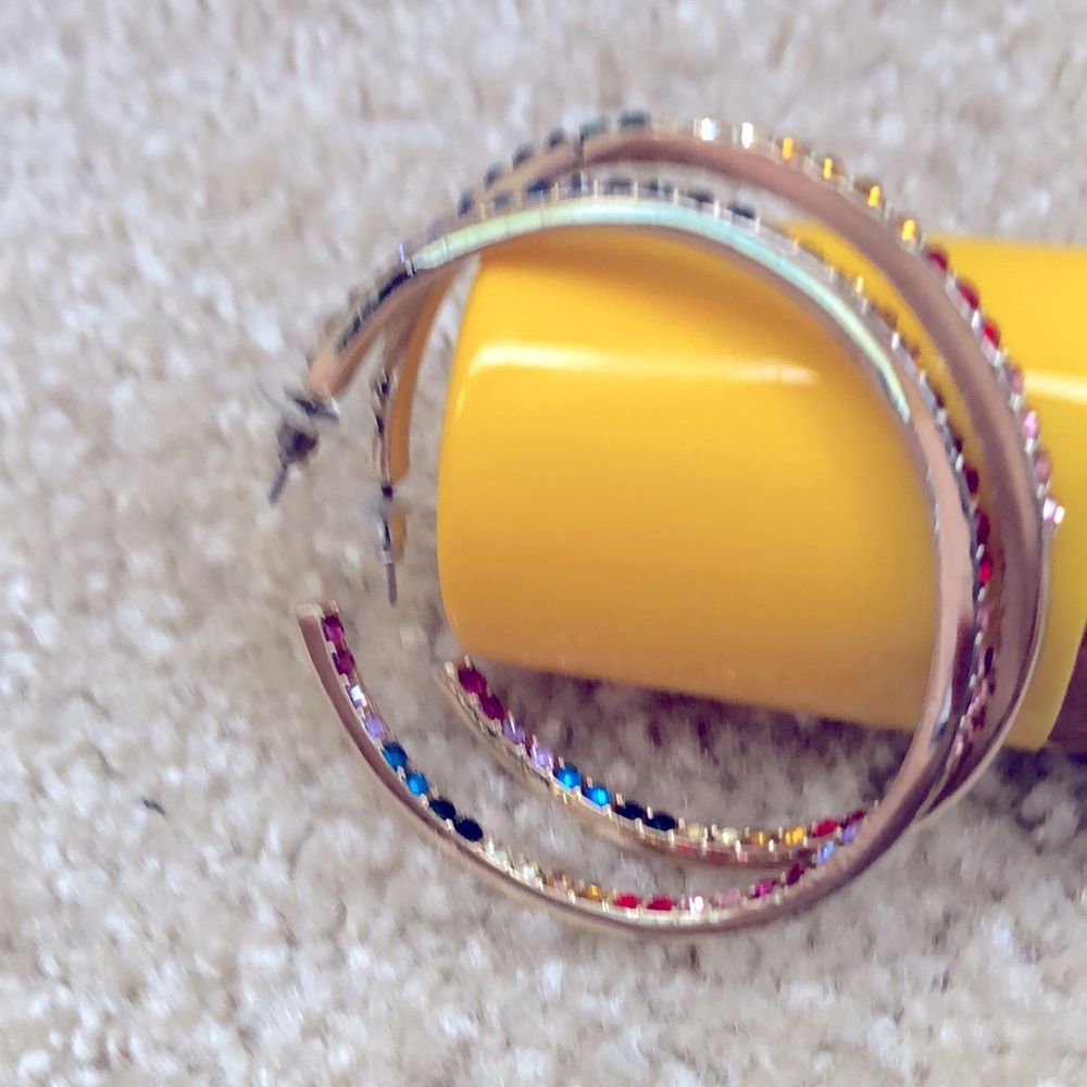 Oversized Very Large Jumbo Hoop Earrings With A Rainbow of Colored Stones NWOT - Picture 2 of 6